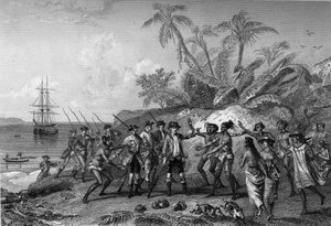 Louis Antoine Comte de Bougainville, fransk navigatør (1729-1811), nærmer sig øerne Marquises i Tahiti, 6. april af Unknown artist