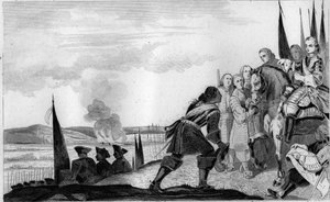 Ludvig XV (1710-74) i slaget ved Fontenoi i 1745 - Østrigs arvefølgekrig (1740-1748) - Maurice af Sachsen, marechal af Sachsen (1696-1750), sejrende i slaget ved Fontenoy, møder kongen af Frankrig , Ludvig XV (1710-1774) - Indgravering af 1825 i "Hej af Unknown artist