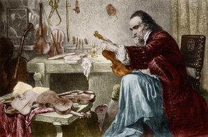 Luthier Stradivarius (Antonio Stradivari) (1644-1737) i sit værksted. Gravering af Hammann. Violindesigner Antonio Stradivari (Stradivarius) på arbejde. af Unknown artist