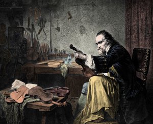 Luthier Stradivarius (Antonio Stradivari) (1644-1737) i sit værksted. Gravering af Hammann. Violindesigner Antonio Stradivari (Stradivarius) på arbejde. af Unknown artist