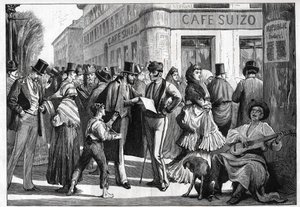 Madrid i 1873. Vandrere på hjørnet af Sevilla-gaden og Alcala-gaden. Stik fra 1873. af Unknown artist