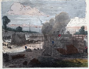 Fremstilling af en mursten i det 19. århundrede: madlavning. Murstenene lægges i lag og dækkes derefter med jord, inden der sættes ild til. Gravering sidst i 1800-tallet. af Unknown artist