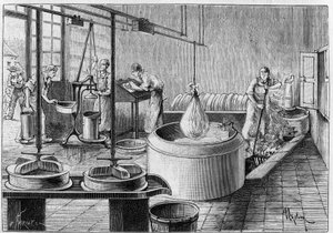 Fremstilling af gruyere: en moderne ostefabrik. Gravering i "" Nature: gennemgang af videnskaberne og deres anvendelser til kunst og industri "" af 19. september 1891. af Unknown artist