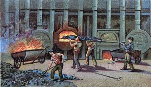 Fremstilling af lysgas, cornu delutor. Kromolitografi fra slutningen af det 19. århundrede af Unknown artist