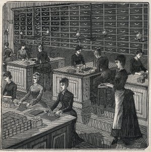 Fremstilling af metalfjer: sortering og indpakning af fjer på en fabrik i Frankrig i det 19. århundrede. Indgravering fra 1885 i "" Les arts et metiers illustres"" af Adolphe BITARD. af Unknown artist