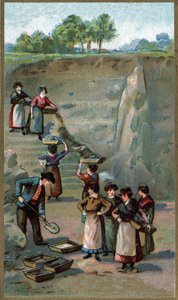 Fremstilling af porcelæn, kaolinbrud. Kromolitografi fra slutningen af det 19. århundrede af Unknown artist