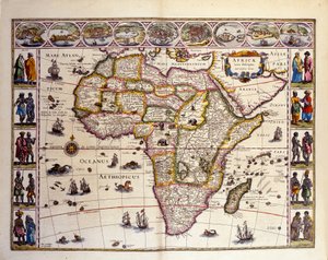 Kort over Afrika fra William Blaeus Atlas. Øverst er byerne Tanger, ceuta, Algier, Tunis, Alexandria, Alcair, Mozambique, Saint Georges de la Mina, De Kanariske Øer. Forskellige øer er også repræsenteret ud for Afrika, Mascareignes-øerne, Mada af Unknown artist