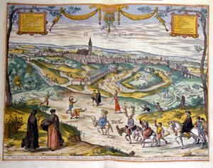 Kort over byen Sevilla i 1590. Nederst til højre i billedet laver landsbyens folk grin med en hanehanre på sit æsel. af Unknown artist