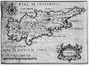 Kort over øen Cypern (cypern) i 1587 i "" Jerusalems mest hengivne rejse ". af Unknown artist