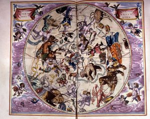 Kort over himlen og stjernetegn - faksimile af en gammel komposition, der repræsenterer stjernebillederne på den nordlige himmel, ifølge "Harmonia Macrocosmica" af André Cellarius af Unknown artist