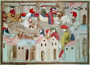 Marche de Champeaux i Paris Betail- og fjerkræhandlere, drapere. Miniature taget fra "The Wandering Knight" af Thomas de Saluces (Tommaso III di Saluzzo), omkring 1403-1404. Paris, B.N. af Unknown artist