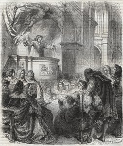 Marie de Rabutin-Chantal (Rabutin Chantal), markisen af Sevigne kendt som Madame de Sevigne (1626-1696), lyt til Louis Bourdaloue (1632-1704) fransk ved jesuiternes kirke, Saint-Louis i Paris - gravering af 1866 af Unknown artist