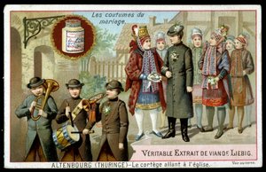 Ægteskabsskik: processionen går til kirken i Altenburg (Thüringen) - chromo. Liebig, v. 1895 af Unknown artist