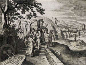 Ægteskab mellem Isaac og Rebecca. Indgravering fra en bibel fra det 17. århundrede. af Unknown artist
