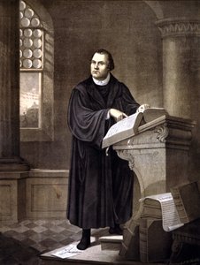Martin Luther (1483 - 1546) læser i en kirke. af Unknown artist