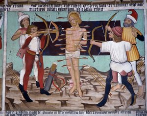 Sankt Sebastians martyrium, Sankt Sebastians liv (1400-tallet), fresker, Sankt Sebastians kapel, Villard-de-Lans, Rhone-Alpes, Frankrig. af Unknown artist