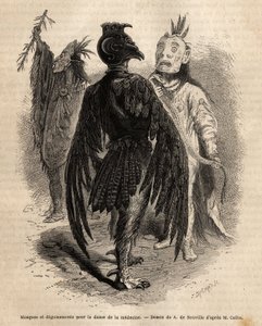 Masker og forklædninger til medicinens dans blandt Naya-indianerne. Gravering til illustration af en udflugt blandt indianerstammerne i bassinerne i Colombia og Upper Missouri, af G. Catlin, i 1855, udgivet i "" le tour du monde"", under ledelse af Unknown artist