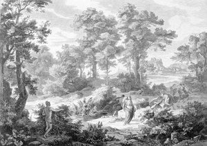 Møde mellem Ulysses, der lå ved en flod, og Nausicaa. Stik fra slutningen af 1800-tallet. af Unknown artist