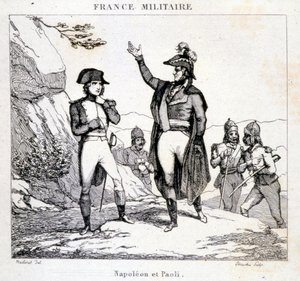Møde mellem Napoleon Bonaparte og Pasquale eller Pascal Paoli (1725 - 1807), Patriote Corsica. Indgravering af det 19. århundrede. af Unknown artist