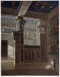 Memnonium Thebes, pl. 37: Farverigt interiør perspektivbillede af templet i vest - i "" Egyptian Antiquites"", sd. 19. århundrede af Unknown artist