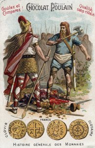Merovingiens: Clovis 1. nedskyder soldaten, der havde knust Soissons fartøj, i 486. In General History of Coins. Chokolade-føl-kromolitografi fra slutningen af det 19. århundrede. Privat samling. af Unknown artist