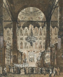 ""Messe ved Dormition-katedralen i Moskva Kreml, Rusland"" (Messe ved Dormition-katedralen i Moskva Kreml) Anonym gouache omkring 1850 Privat samling af Unknown artist