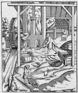 Metalovnsblæser drevet af en hydraulisk motor. Fac simile (Fac-simile) af en gravering udgivet i "" Cosmographie"" (1555) af Sebastien Munster. Indgravering i "" La Nature: revue des sciences et de leurs applications aux arts et a l