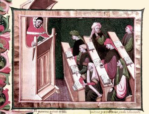 Middelalder: Undervisning på et universitet. Manuskript fra begyndelsen af det 15. århundrede. Biblioteca Nazionale Centrale de Firenze. af Unknown artist