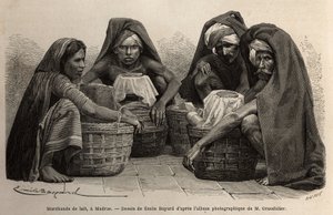 Mælkehandlere, i gaderne i Madras (nuværende Chennai, Tamil Nadu). Gravering til illustration af rejsen i Indiens meridionalprovinser af Alfred Grandidier, i 1862-1864, udgivet i "" le tour du monde" under ledelse af D