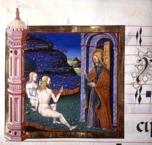 Miniature, der skildrer skabelsen af Adam og Eva af Gud. Antifonisk. 15. århundrede. Biblioteket i Lodi af Unknown artist