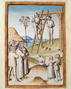 Miniature hængende scene taget fra en tysk oversættelse af fablerne om "Kalila (Calila) og Dimna" af Bidpai. (ms. 1389, fol. 117) omkring 1480 Chantilly, musee Conde af Unknown artist