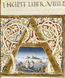 Miniature, der repræsenterer sirener. Bogstavet "" A"" - i "" Naturalis Historiae"" af Plinius den Ældre (23 - 79), red. 1480.Victoria & Albert Bibliotek af Unknown artist