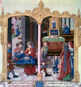 Mirakler fra Saint Louis: Kong Ludvig IX (1214-1270) kæmpede mod en lammet. Miniature fra et manuskript "The Book of Facts Monsignor Saint Louis"" 1400-tallet. Paris, B.N af Unknown artist
