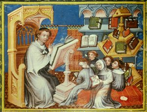 Klosterskole i klostret for eneboerne i Saint Augustine i Paris: en munk på en prædikestol læser en lekon med teenager-tonsurer, men også med laics. Til højre, et pund hjul. Miniature i "" bible historiee"" (Bible historiale) af Pierre Comestor (P af Unknown artist