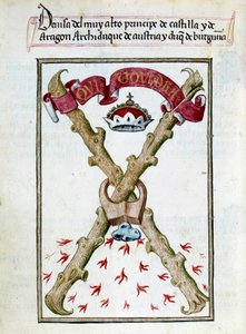 Motto for hertugerne af Bourgogne. Manuskriptside taget fra "" Collection of devotion of Queen Joan the Folle (1479-1555) of Spain"" af Pedro Marcuello ("Devotion of Queen Da Juana who was called the Madwoman") 15. århundrede Chantilly, Musee Conde af Unknown artist