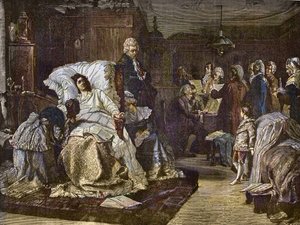 Mozarts sidste dage efter maleri af Hermann Kaulbach (1846-1909) - Gli ultimi momenti di Mozart - sidste dag af Wolfgang Amadeus Mozart - indgravering i "" Popular Music""" berømte ugeavis - 1882 af Unknown artist