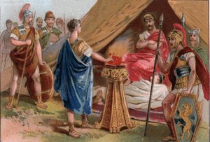 Mucius Scaevola før Porsenna (Micius Scaevola før Porsenna). Caius Mucius Scaevola, en ung romersk patricier taget til fange af den kongelige garde i Porsenna (Porsinna, Porsena) af Unknown artist