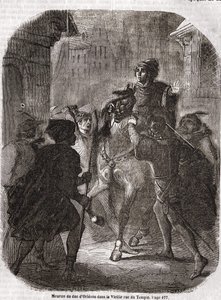 Mordet på Louis I af Valois, hertugen af ​​Orléans (1372 - 1407) i den gamle rue du Temple af Jean Sans Ppeur - i "" Histoire de France"" af L.-P. Anquetil af Unknown artist