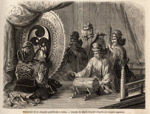 Musikere fra det pavelige kapel i Kyoto (eller Kioto), der spiller fem hellige instrumenter, fløjtetraversiere og fløjte af pan, marinekonkylie, pauker og kakdaiko, den originale gong. Gravering til illustration af rejsen til Japan i 1863-1864, af Aime Hum af Unknown artist