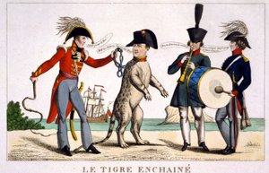 Napoleon I i en lænket tiger holdt af en britisk officer med en pisk. Rusland og Østrig spiller musik ved siden af. Tegnefilm 1815. af Unknown artist