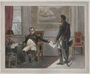 Napoleon underskriver sin abdikation 1814 - Napoleon Bonaparte (1769-1821) i Fontainebleau under sin første abdikation, underskrevet i april 1814 Indgravering i "Les Fastes Populaires, ou Histoire des acts heroiques du peuple et de son influence sur les sc af Unknown artist