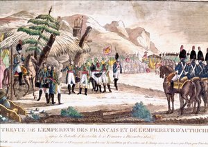 Napoleonskrigen: Napoleon I møder kejser Francois II efter slaget ved Austerlitz den 2/12/1805. Indgravering af det 19. århundrede. af Unknown artist