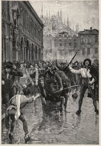 Napoleons abdikation tilskynder til optøjer i Milano, og Giuseppe Prina, den upopulære finansminister, bliver slæbt rundt i gaderne og til sidst dræbt af pøbelen på Piazza San Fedele i Milano, den 20. april af Unknown artist