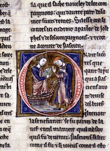 Nascion modtager bogen (?). Manuskript: Erobring af Saint Gréal, skrevet 717 år efter vor herres lidenskab. Bibliotheque Municipale de Rennes, frk. 255 (Samling af romaner af det runde bord); Paris af Unknown artist