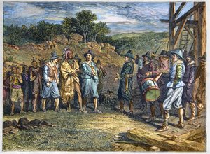 Indfødte befolkning i Amerika: indianere. Nybyggerne mødte Massasoit (1590-1661) også kendt som Ousamequin "Yellow Feather"" høvding for Wampanoag-stammen, Plymouth Colony, år 1620. Wampanoag-leder Massasoit besøgte kolonister i Plymouth af Unknown artist