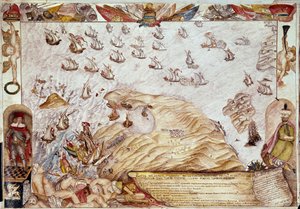 Søslag mellem den tyrkiske og venetianske flåde i 1661 - Miniature - Venedig, Biblioteca Marciana af Unknown artist