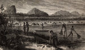 I nærheden af grå stær i Rovuma (Mozambique), fiskeriet af fisk. Indgravering til illustration af Dr. Livingstones første rejser til det sydlige Afrika fra 1840 til 1856, i "Le tour du monde, nouveau journal des voyages"" udgivet under direktivet af Unknown artist