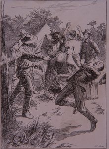 Ned Kelly dræber politikonstabel Lonigan ved Stringybark Creek i 1878 (gravering) af Unknown artist