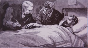 Ned Kelly ligger såret på fængselshospitalet i Melbourne efter at være blevet fanget af politiet den 28. juni 1880 (gravering) af Unknown artist