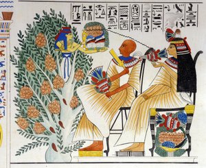 Nephtys, egyptisk gudinde, springer ud af det mystiske træ og tilbyder mad til den afdøde - i "Monumenter af Egypten og Øvre Nubien" af Ippolito Rosellini (Rossellini). 19. århundrede. af Unknown artist